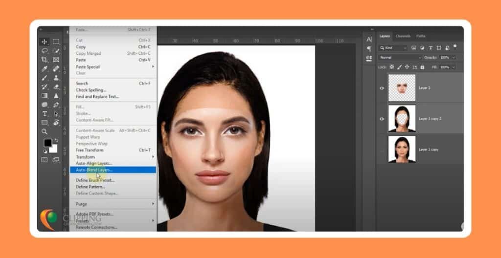 A woman's face with another layer of a newly selected face in blend mode on Photoshop.