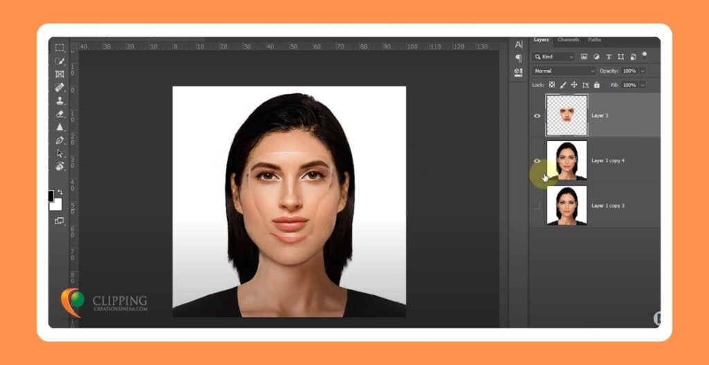Selected face area of new image pasted on the original face in Photoshop.