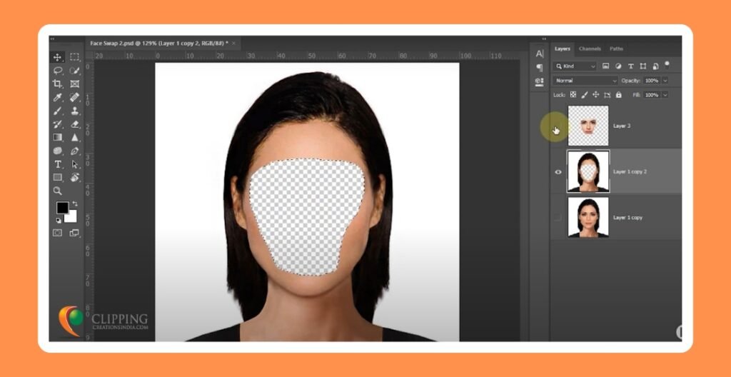 A woman's face with another layer of a newly selected face in blend mode on Photoshop