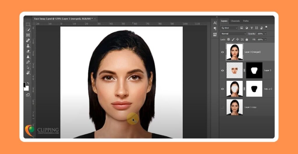 Final image of a woman after face swapping in Photoshop