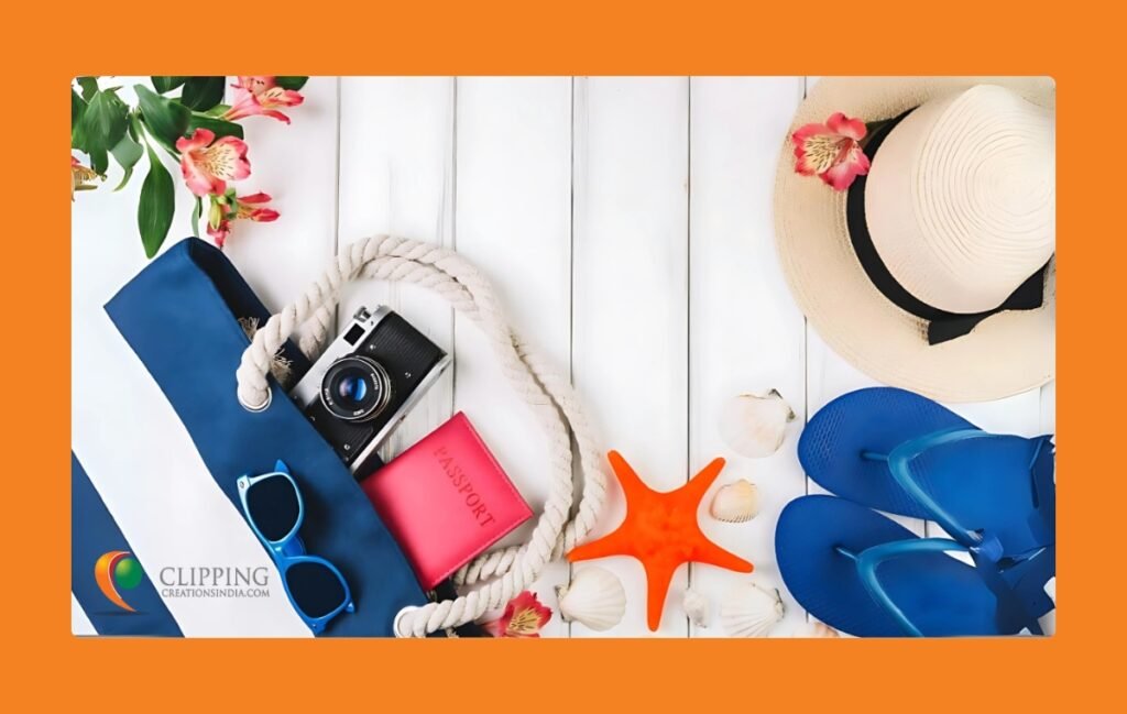 A Flat lay image showing props flower, sunglasses, hat, sandals. 