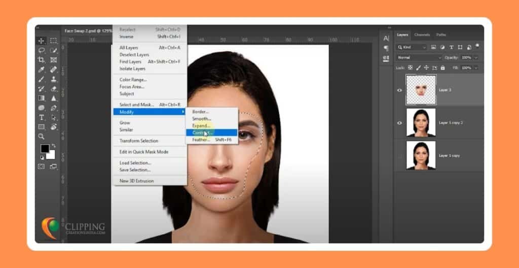 A woman's face with Photoshop editing dropdown menu for overlapping and editing
