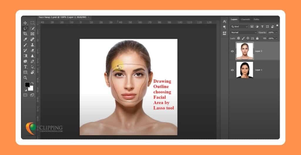 Outline drawn on a woman's face for replacing it in a face swap on Photoshop.