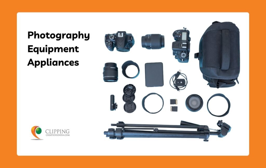 Photography equipment including a camera, lenses, cable, bag, and tripod displayed on the right side, with text written on the left.