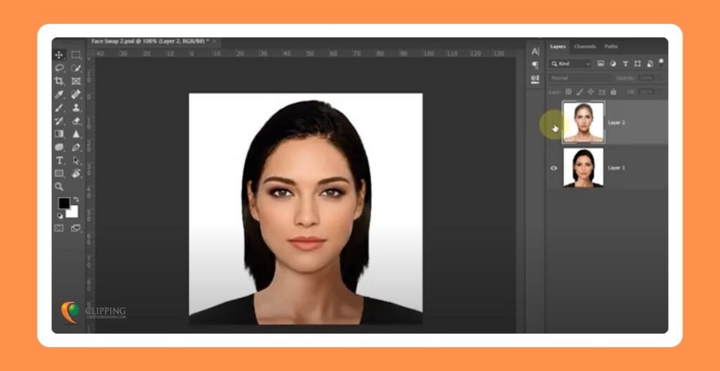 Original image of a woman for swapping on photoshop interface