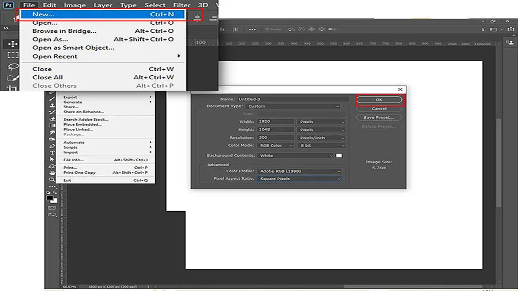 1) Open Photoshop 7 and Create a New Document