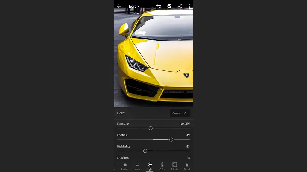 edit car photos in Lightroom Step 2 Light enhancement mobile