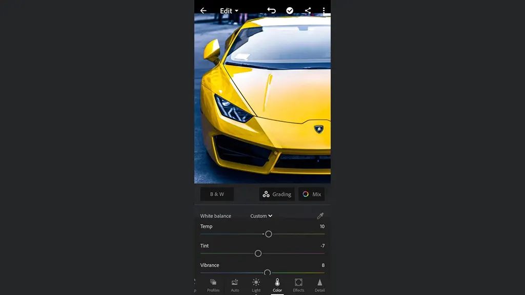edit car photos in Lightroom Step 3 Color adjustment mobile